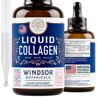 Windsor Botanicals Liquid Collagen Peptides Supplement - Concentrated Hair, Skin, Nail, Joints Support - 2 oz