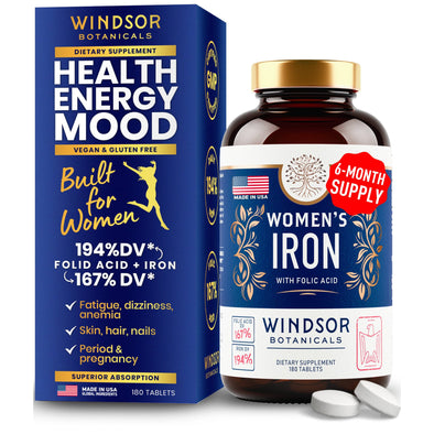 Windsor Botanicals Iron Supplement for Women with Folic Acid - Anemia, Menstruation and Pregnancy Support - 180 Tablets