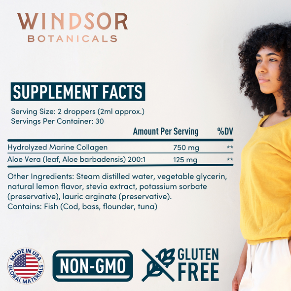 Windsor Botanicals Marine Liquid Collagen Plus Aloe Vera - Collagen Drink for Women and Men for Skin, Hair Growth Supplement - 60ml
