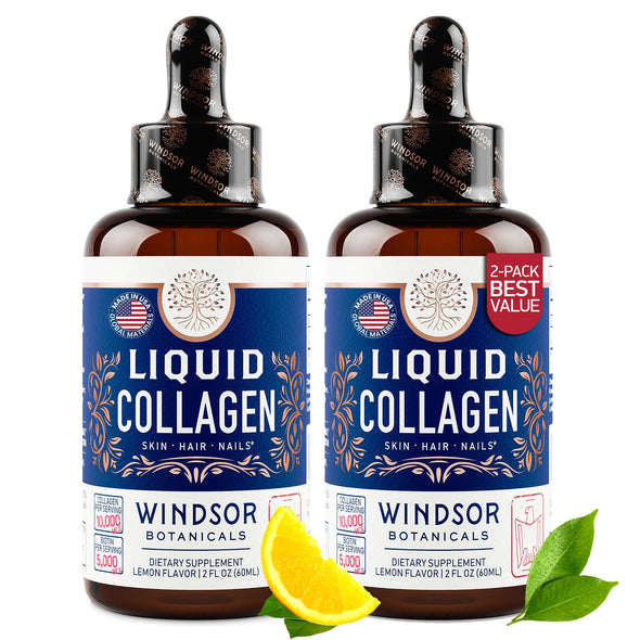 Windsor Botanicals Two-Pack Liquid Collagen Peptides Supplement - Concentrated Hair, Skin, Nail, Joints Support - 4oz (2x2 oz)