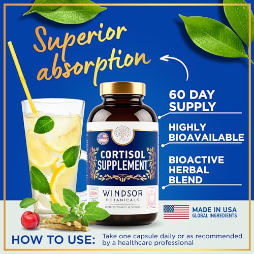 Windsor Botanicals Cortisol Supplement - Cortisol Blocker, Mood, Stress and Sleep Support - 60 Capsules