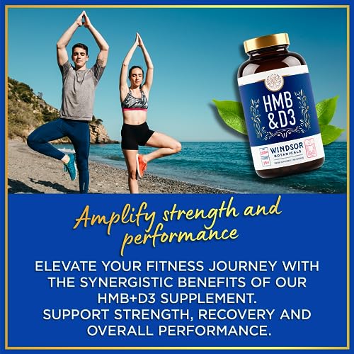 Windsor Botanicals HMB and D3 Supplement - Muscle Growth, Strength, Performance and Recovery Support - 180 Capsules