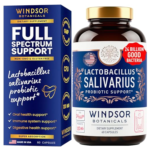 Windsor Botanicals Lactobacillus Salivarius Probiotic Capsules - Bad Breath, Teeth and Gums Health - 24 billion CFU 60 Capsules