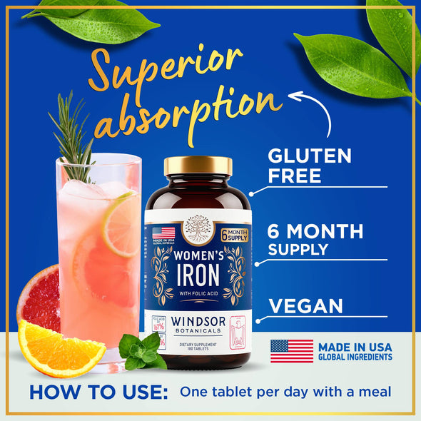 Windsor Botanicals Iron Supplement for Women with Folic Acid - Anemia, Menstruation and Pregnancy Support - 180 Tablets