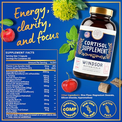 Windsor Botanicals Cortisol Supplement - Cortisol Blocker, Mood, Stress and Sleep Support - 60 Capsules
