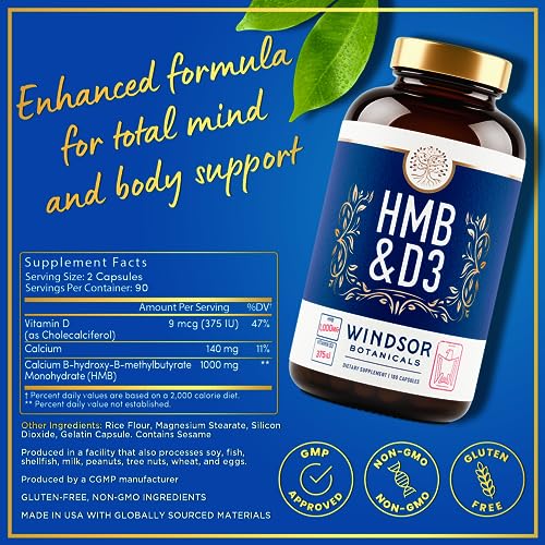 Windsor Botanicals 2-pack HMB and D3 - Muscle Strength, Growth, Recovery and Performance Support - 360 Capsules