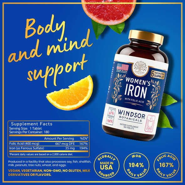 Windsor Botanicals Iron Supplement for Women with Folic Acid - Anemia, Menstruation and Pregnancy Support - 180 Tablets