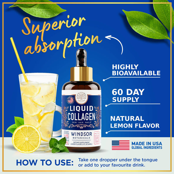 Windsor Botanicals Two-Pack Liquid Collagen Peptides Supplement - Concentrated Hair, Skin, Nail, Joints Support - 4oz (2x2 oz)