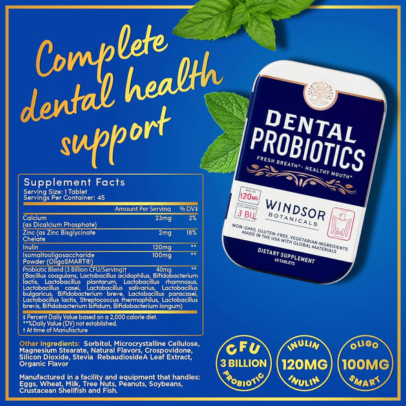 Windsor Botanicals Dental Probiotics in Tins - Teeth, Gums and Bad Breath - 45 Chewable Tablets