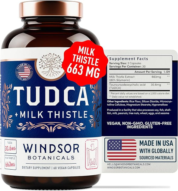 Windsor Botanicals Tudca and Milk Thistle Supplement - Liver Cleanse Detox & Repair Formula - 60 Vegan Capsules