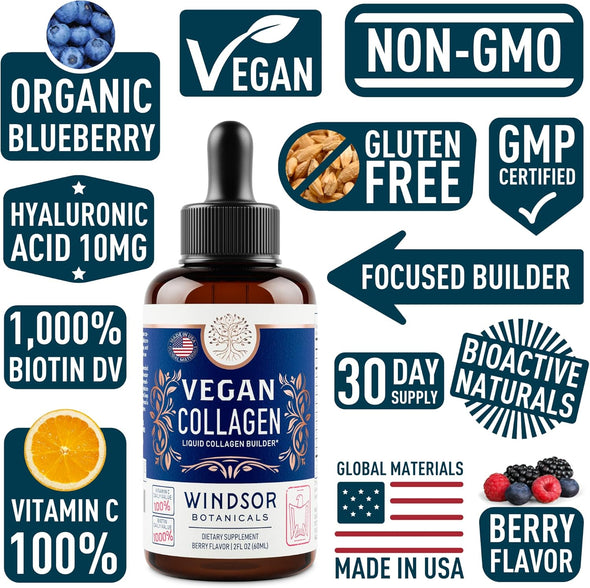Windsor Botanicals Vegan Collagen Builder and Vegan B12 Liquid - Body and Mind Bundle
