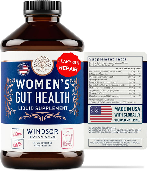 Windsor Botanicals Women's Gut Health Supplement - Leaky Gut Repair and Gut Cleanse Detox for Women - 16oz, 480ml
