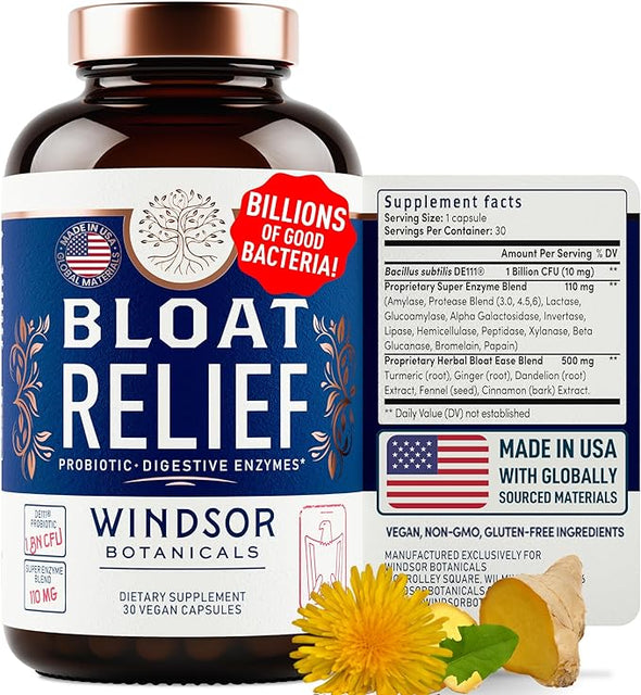 Windsor Botanicals Bloat Relief Probiotic and Digestive Enzymes - Detox and Debloat - 30 Vegan Capsules