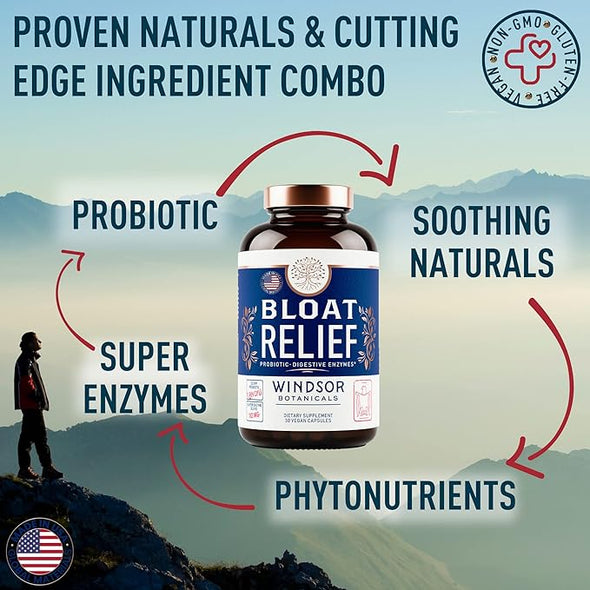 Windsor Botanicals Bloat Relief Probiotic and Digestive Enzymes - Detox and Debloat - 30 Vegan Capsules