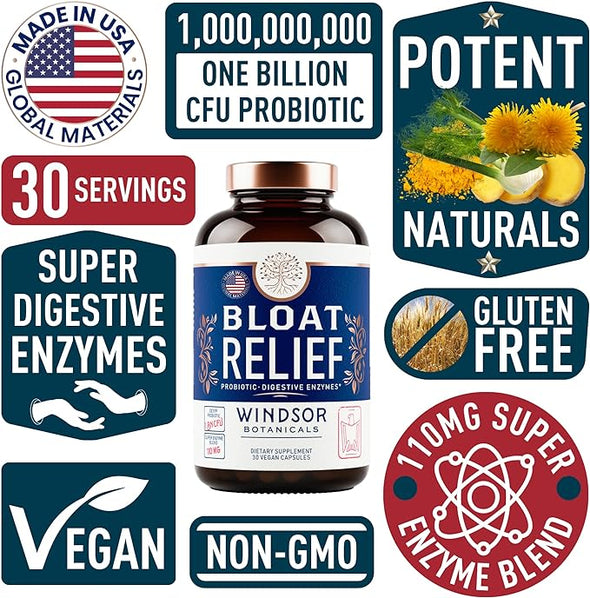 Windsor Botanicals Bloat Relief Probiotic and Digestive Enzymes - Detox and Debloat - 30 Vegan Capsules