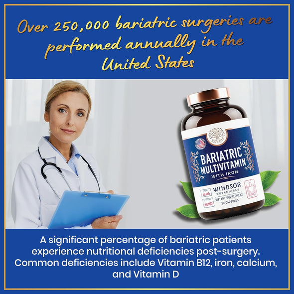 Windsor Botanicals Bariatric Multivitamin with Iron - Gastric Bypass, Gastric Sleeve Recovery - 30 Capsules