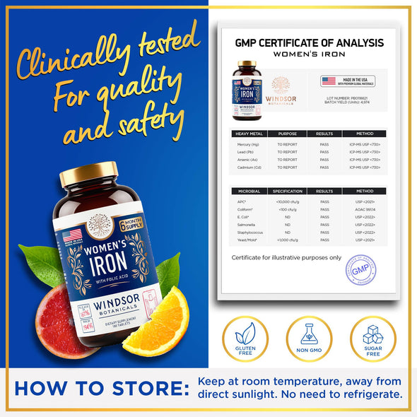 Windsor Botanicals Iron Supplement for Women with Folic Acid - Anemia, Menstruation and Pregnancy Support - 180 Tablets