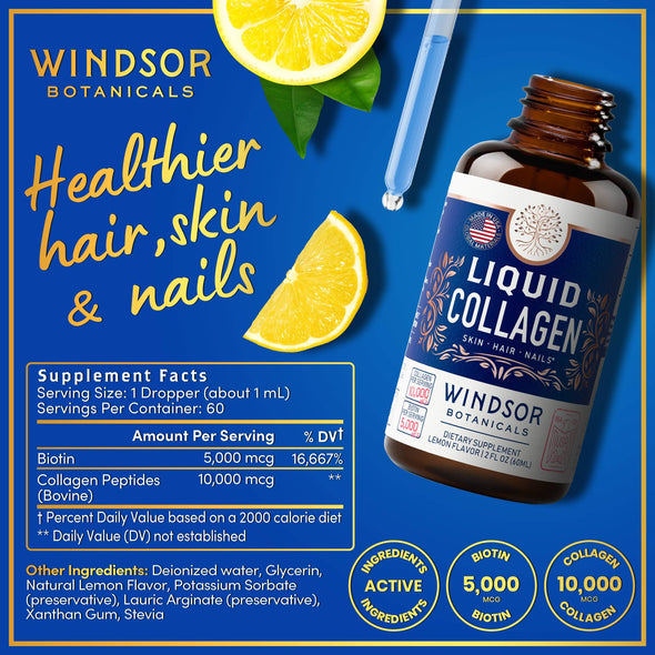 Windsor Botanicals Liquid Collagen Peptides Supplement - Concentrated Hair, Skin, Nail, Joints Support - 2 oz
