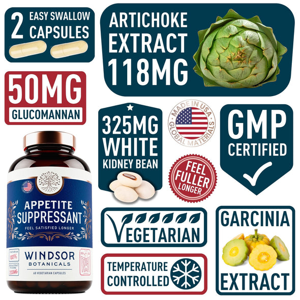 Windsor Botanicals Appetite Suppressant for Weight Loss - Appetite Control Supplement and Metabolism Booster - 60 Diet Pills
