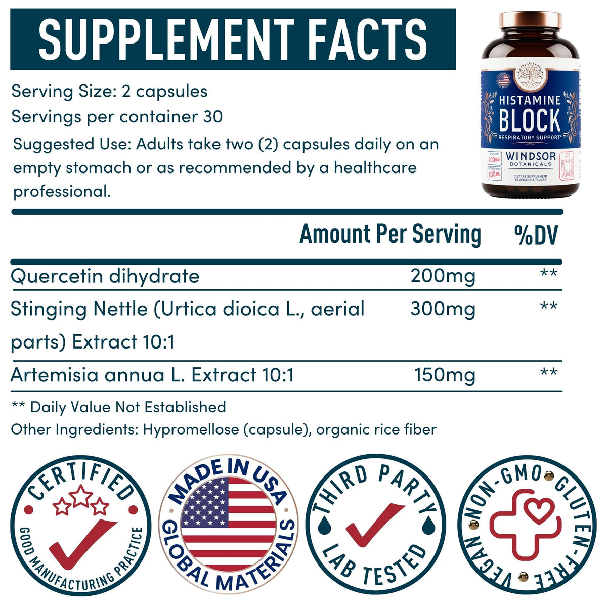 Windsor Botanicals Histamine Block Capsules for Adults - 60 Vegan Caps