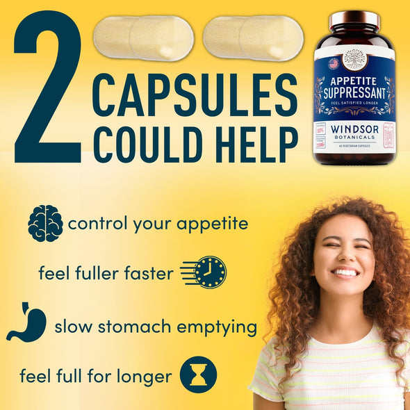 Windsor Botanicals Appetite Suppressant for Weight Loss - Appetite Control Supplement and Metabolism Booster - 60 Diet Pills
