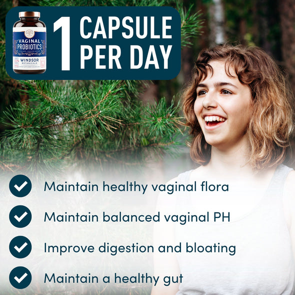 Vaginal Probiotics for Women - Windsor Botanicals One Per Day for Complete Feminine Health Care and a Balanced Vaginal Flora - 19 Bil CFU - 30 Non-GMO, Gluten-Free, Vegetarian Supplement Capsules
