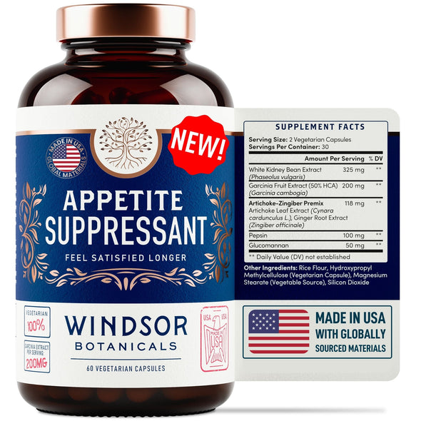 Windsor Botanicals Appetite Suppressant for Weight Loss - Appetite Control Supplement and Metabolism Booster - 60 Diet Pills