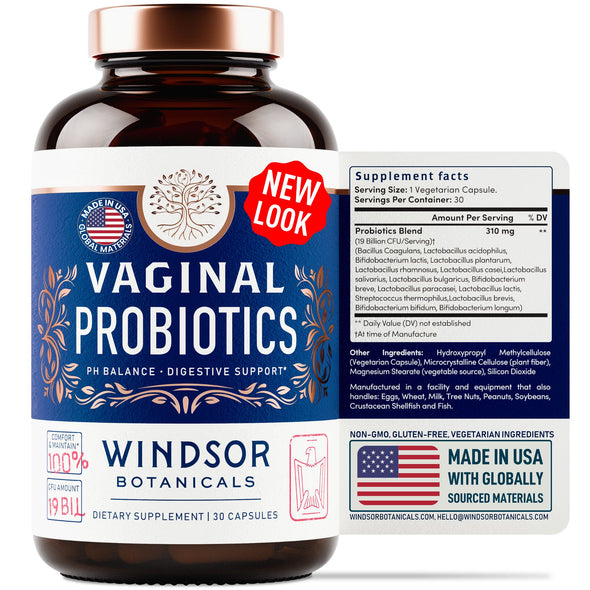 Vaginal Probiotics for Women - Windsor Botanicals One Per Day for Complete Feminine Health Care and a Balanced Vaginal Flora - 19 Bil CFU - 30 Non-GMO, Gluten-Free, Vegetarian Supplement Capsules