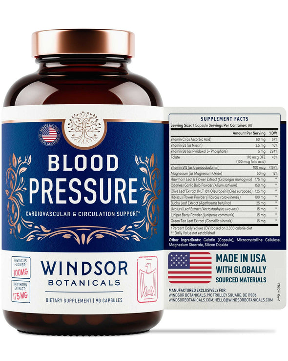 Blood Pressure Support Supplement Vegan - with Green Tea, Hibiscus - High-Potency Windsor Botanicals Cardiovascular Health Vitamin, Mineral and Naturals Formula - 3 Month Supply, 90 Vegan Capsules
