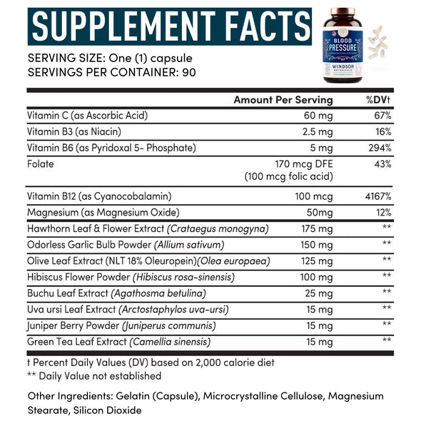 Blood Pressure Support Supplement Vegan - with Green Tea, Hibiscus - High-Potency Windsor Botanicals Cardiovascular Health Vitamin, Mineral and Naturals Formula - 3 Month Supply, 90 Vegan Capsules