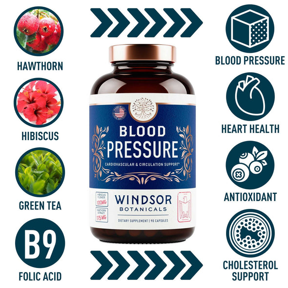 Blood Pressure Support Supplement Vegan - with Green Tea, Hibiscus - High-Potency Windsor Botanicals Cardiovascular Health Vitamin, Mineral and Naturals Formula - 3 Month Supply, 90 Vegan Capsules