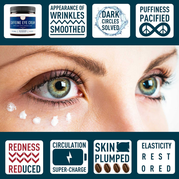 Eye Cream for Dark Circles and Puffiness - Moisturizing, Wrinkle-Reducing Anti-Aging Caffeine Eye Cream by Windsor Botanicals - With AHA Hyaluronic Acid, 100% Pure Brazilian Coffee Oil - Boxed - 1 oz