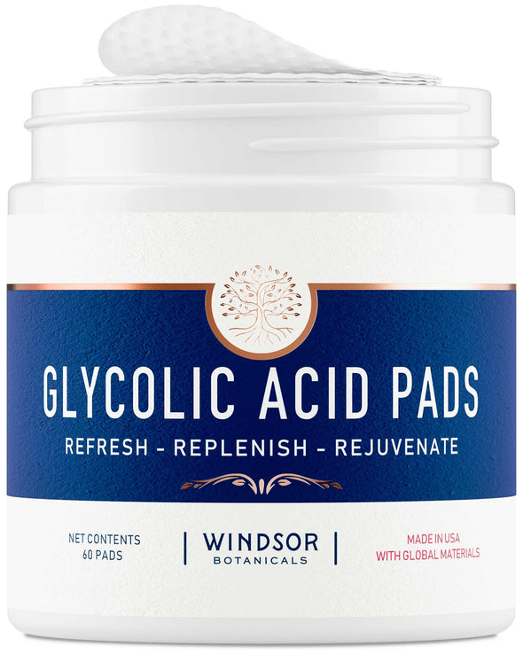 Glycolic Acid Pads - 20% AHA Facial Resurfacing Solution Gently Exfoliates Dead Skin Cells Revealing Younger, Rejuvenated Skin - By Windsor Botanicals - 60 Pre-Soaked Exfoliating Pad Wipes