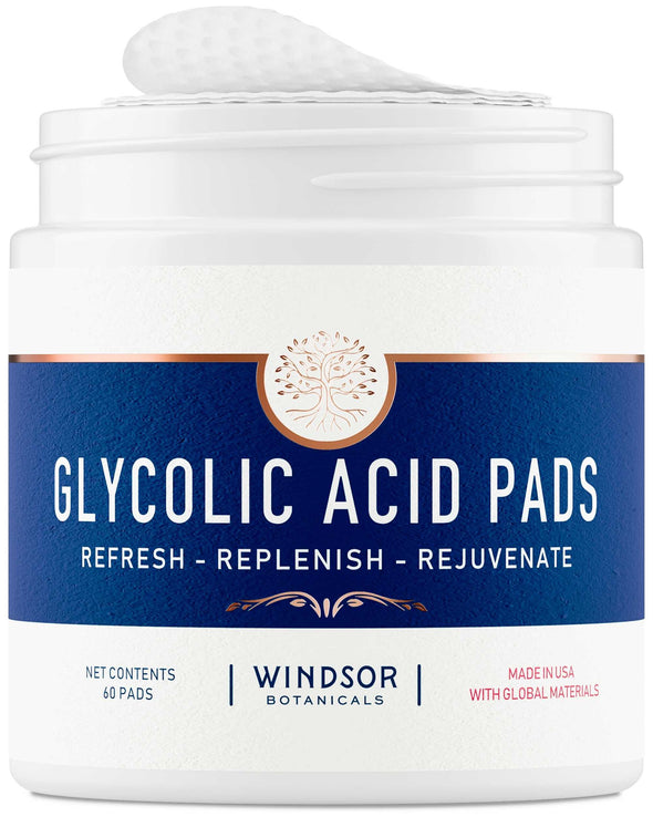 Glycolic Acid Pads - 20% AHA Facial Resurfacing Solution Gently Exfoliates Dead Skin Cells Revealing Younger, Rejuvenated Skin - By Windsor Botanicals - 60 Pre-Soaked Exfoliating Pad Wipes