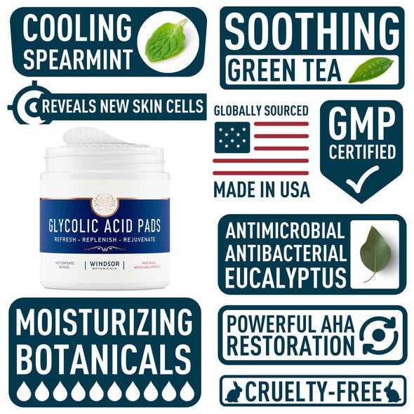Glycolic Acid Pads - 20% AHA Facial Resurfacing Solution Gently Exfoliates Dead Skin Cells Revealing Younger, Rejuvenated Skin - By Windsor Botanicals - 60 Pre-Soaked Exfoliating Pad Wipes