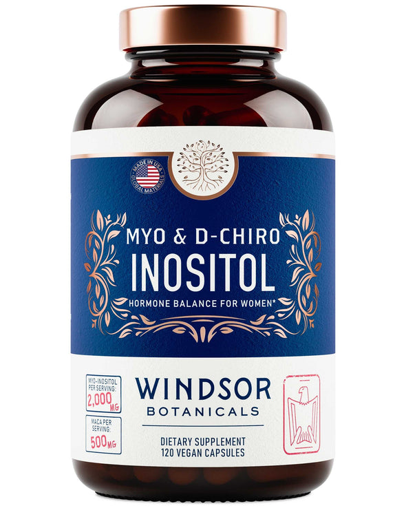 Inositol PCOS Support for Women - Myo and D-Chiro Ovarian Supplement for Symptom Relief, Mood, Fertility, and Weight Control by Windsor Botanicals - With, Ashwagandha, and Maca - 30-Day 120 Vegan Caps