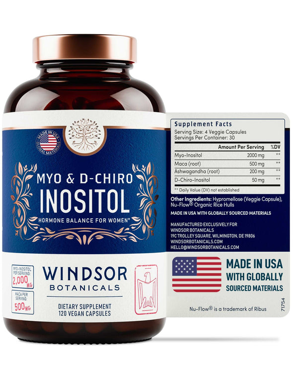 Inositol PCOS Support for Women - Myo and D-Chiro Ovarian Supplement for Symptom Relief, Mood, Fertility, and Weight Control by Windsor Botanicals - With, Ashwagandha, and Maca - 30-Day 120 Vegan Caps