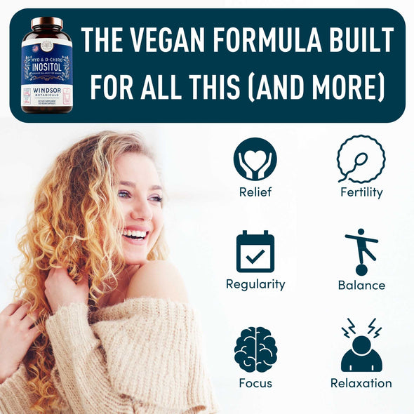 Inositol PCOS Support for Women - Myo and D-Chiro Ovarian Supplement for Symptom Relief, Mood, Fertility, and Weight Control by Windsor Botanicals - With, Ashwagandha, and Maca - 30-Day 120 Vegan Caps