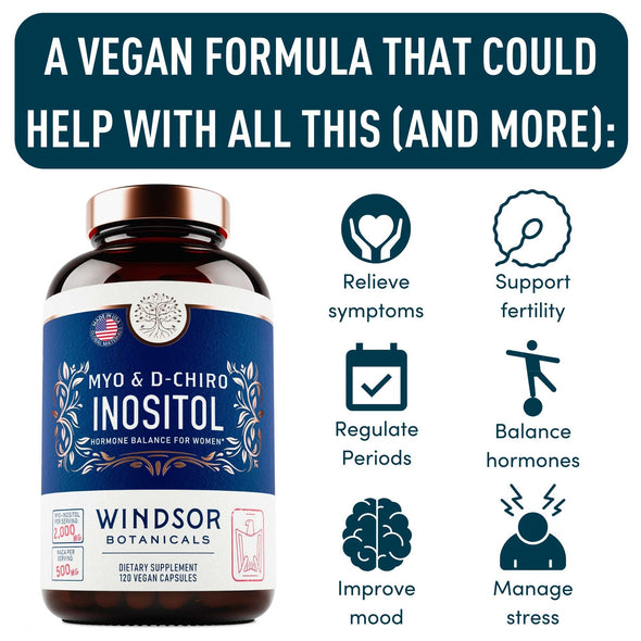 Inositol PCOS Support for Women - Myo and D-Chiro Ovarian Supplement for Symptom Relief, Mood, Fertility, and Weight Control by Windsor Botanicals - With, Ashwagandha, and Maca - 30-Day 120 Vegan Caps