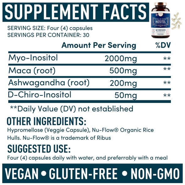 Inositol PCOS Support for Women - Myo and D-Chiro Ovarian Supplement for Symptom Relief, Mood, Fertility, and Weight Control by Windsor Botanicals - With, Ashwagandha, and Maca - 30-Day 120 Vegan Caps