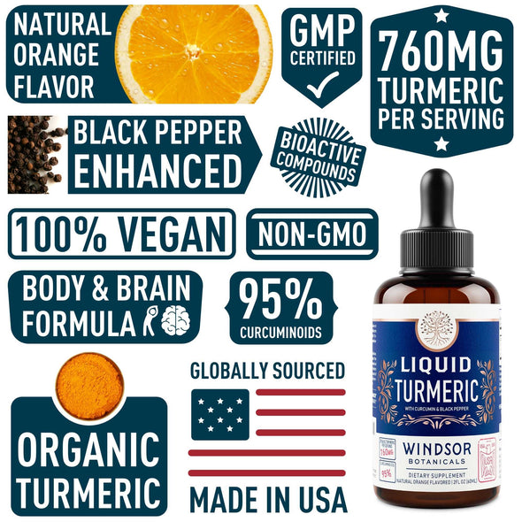 Liquid Turmeric with Black Pepper Curcumin - Windsor Botanicals Bioavailability Enhanced Tincture Supplement - Curcumin with Bioperine Body and Brain Support Drops - Orange Flavor, Vegan - 2oz