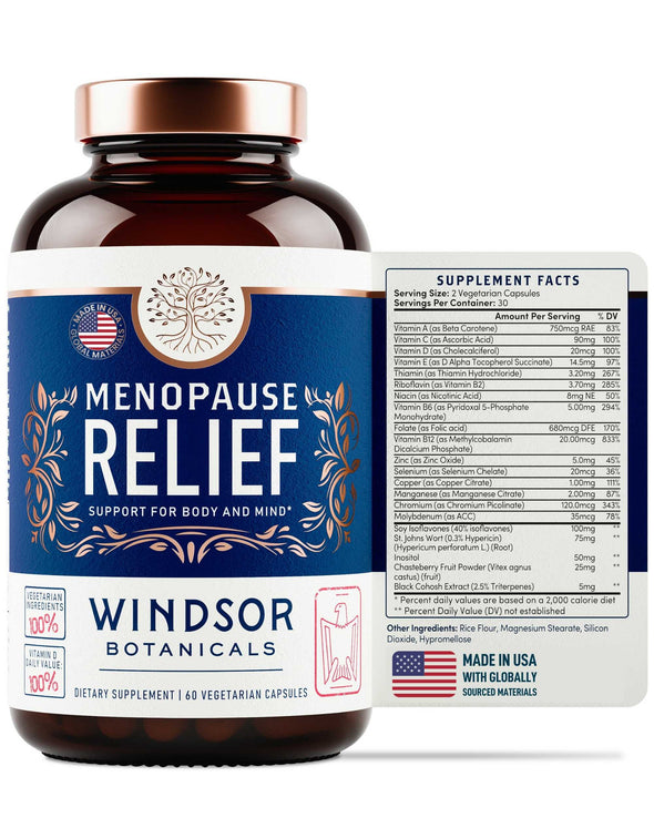 Menopause Relief for Women - Hot Flashes, Sweats, Mood, and Insomnia Support Supplement - Windsor Botanicals Estrogen Balance Multivitamin, Mineral, and Naturals Formula - 60 Vegetarian Capsules