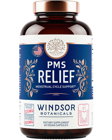 PMS Relief Support Supplement Capsules - Windsor Botanicals Pain, and Mood and Sleep Formula - Relieve Period Symptoms and Premenstrual Stress - Gluten-Free, Non-GMO - 30 Day, 60 Vegan Capsules