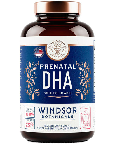 Prenatal DHA with Folic Acid - Fetal Development and Pregnancy Support Formula - Windsor Botanicals High-Potency Vitamin D3, DHA and EPA Omega-3s and Folic Acid - Strawberry Flavor - 90 Softgels