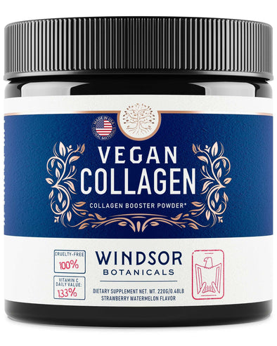 Vegan Collagen Booster Powder Plant Based - Windsor Botanicals Smoothies, Shakes Mix - Youthful Skin, Strong Hair and Nails Vitamins and Naturals - 1 Month, 30 Servings - Strawberry Watermelon Flavor