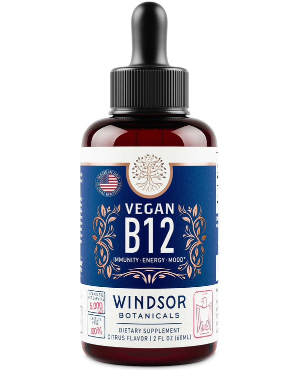 Vegan Vitamin B12 Sublingual Liquid Drops - Max Strength, Cruelty-Free 5,000mcg B12 Methylcobalamin Supplement - Windsor Botanicals Mood, Energy and Blood Cell Production Support - Citrus Flavor, 2oz