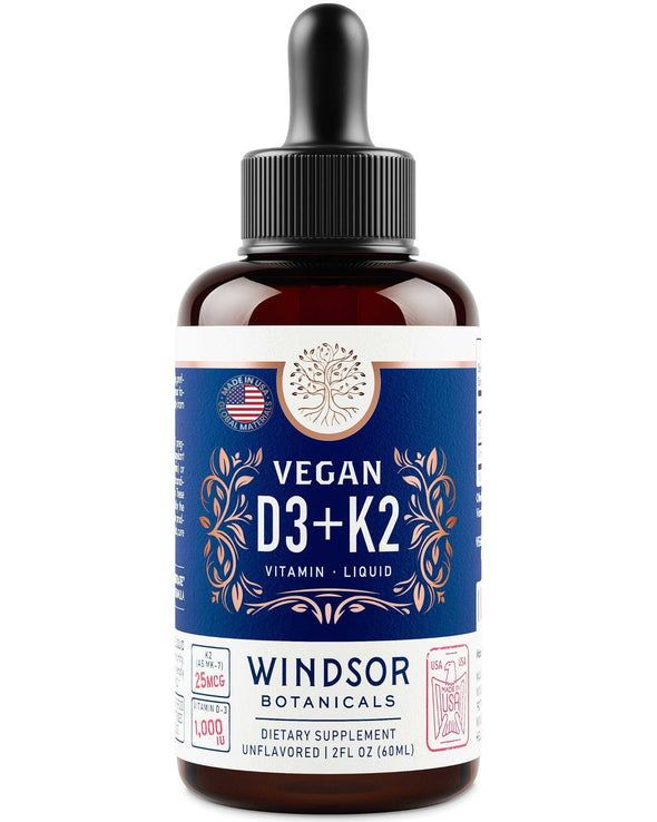 Vitamin D3 K2 Vegan Liquid - Heart, Immune Function, and Brain Support Supplement - D3 1,000iu, K2 MK-7 25mcg - Windsor Botanicals Cruelty-Free Organic Olive Oil Drops - Unflavored - 90 Servings - 2oz