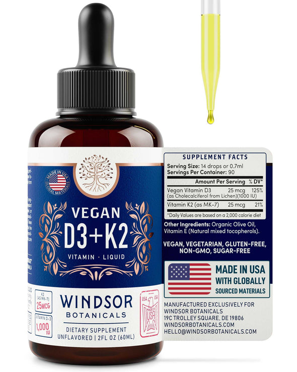Vitamin D3 K2 Vegan Liquid - Heart, Immune Function, and Brain Support Supplement - D3 1,000iu, K2 MK-7 25mcg - Windsor Botanicals Cruelty-Free Organic Olive Oil Drops - Unflavored - 90 Servings - 2oz
