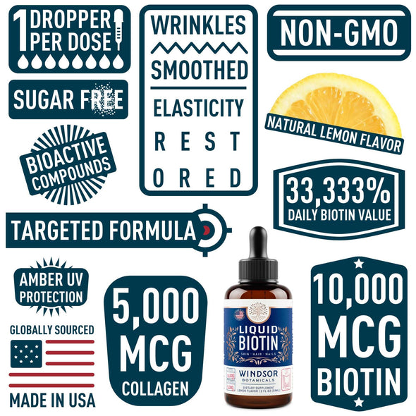 Concentrated Liquid Biotin Plus Collagen Peptides - Hair, Skin, Nail, Joints Support - Sublingual Drops by Windsor Botanicals - 10,000mcg Biotin, 5,000mcg Collagen - Lemon Flavor - 2-Month - 2 oz