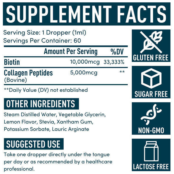Concentrated Liquid Biotin Plus Collagen Peptides - Hair, Skin, Nail, Joints Support - Sublingual Drops by Windsor Botanicals - 10,000mcg Biotin, 5,000mcg Collagen - Lemon Flavor - 2-Month - 2 oz